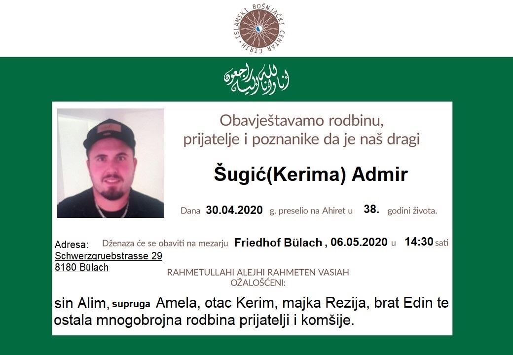 Obavijest o smrti r. Admir Šugić