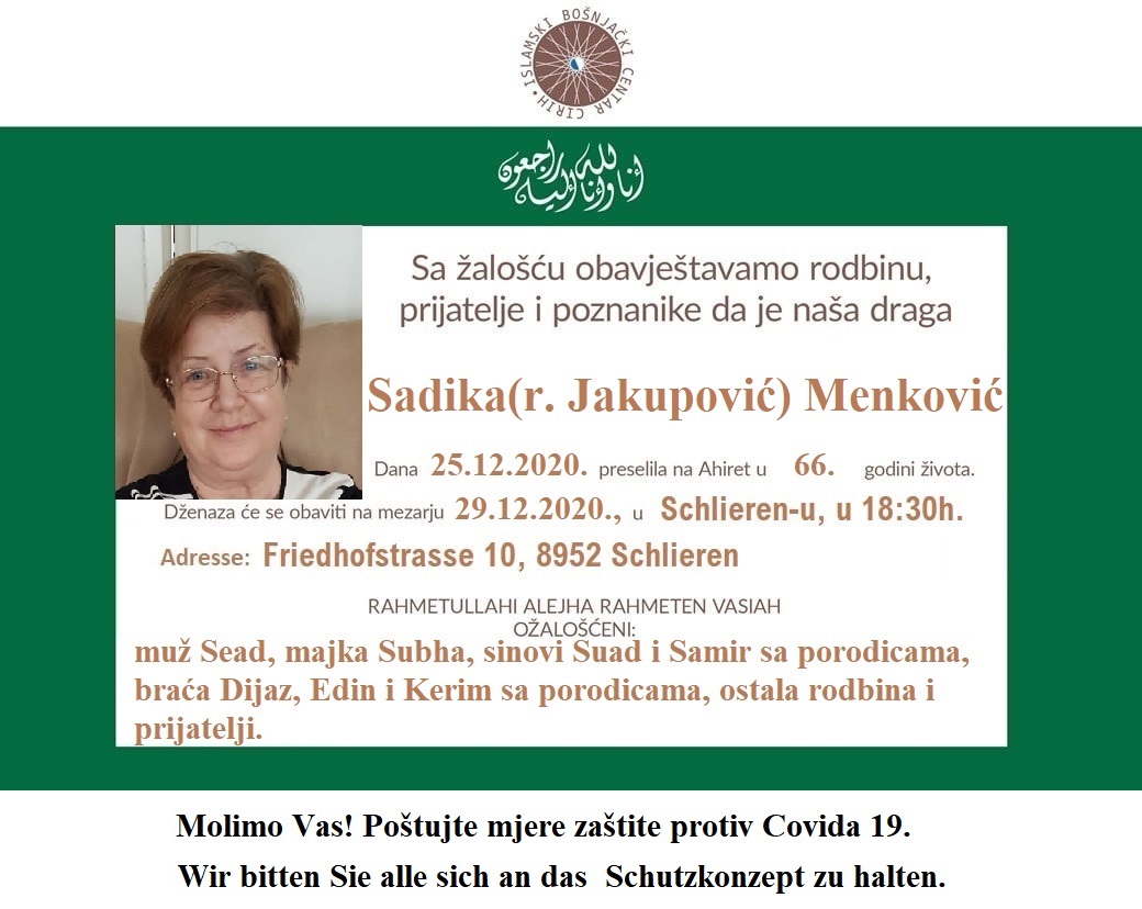 Obavijest o smrti r. Sadika Menković