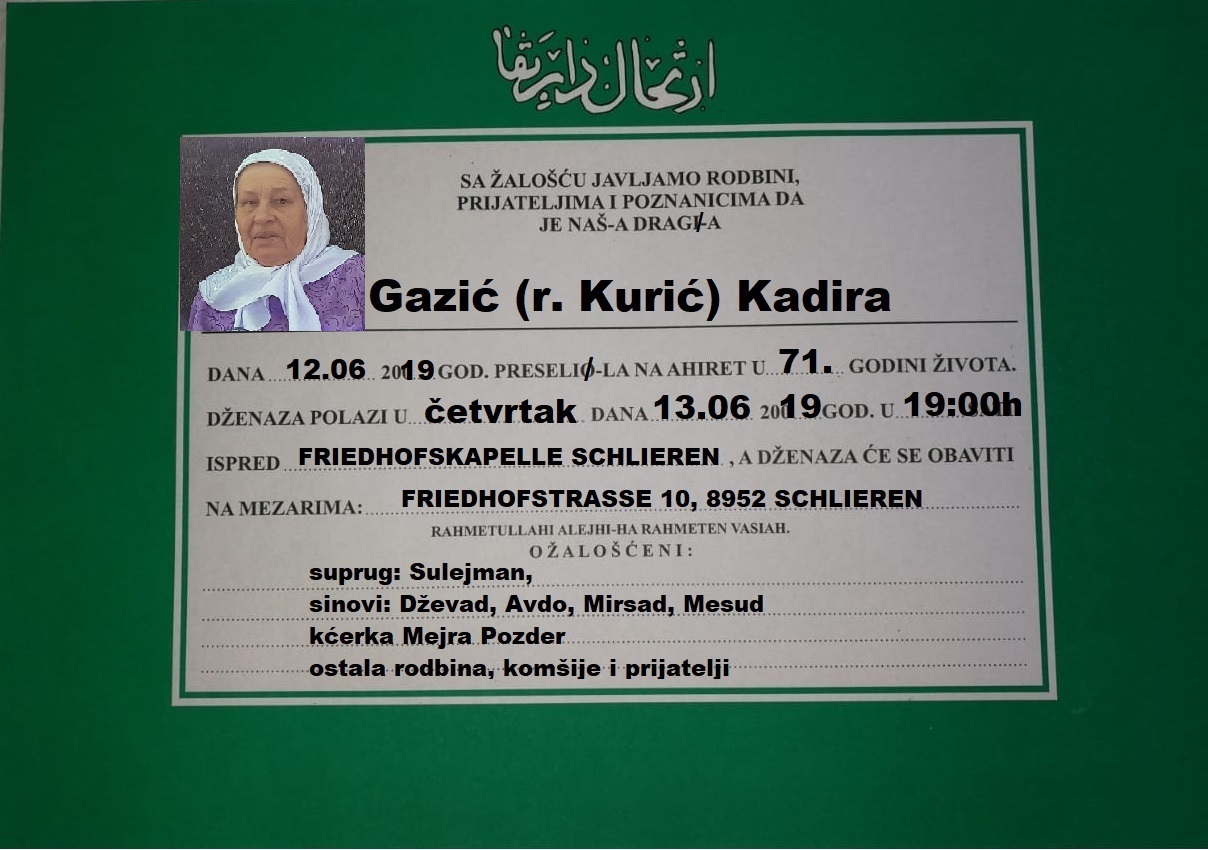 obavijest o smrti r. Gazić Kadira
